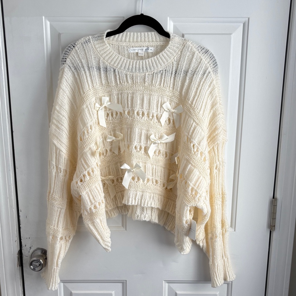 Altar'd State Cream Knit Sweater with Ribbon Details. Size M